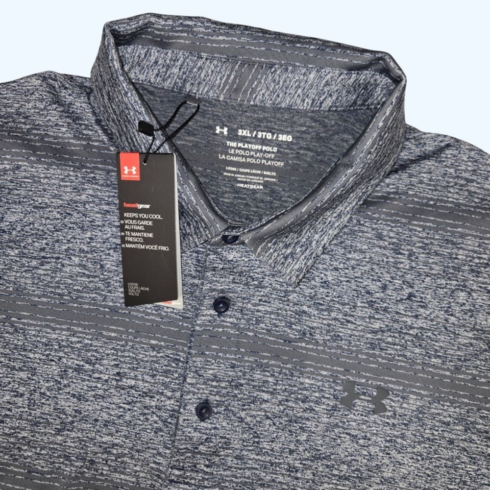 NEW Under Armour Playoff Polo Shirt Mens 3XL Blue Grey Heather Stripe Golf